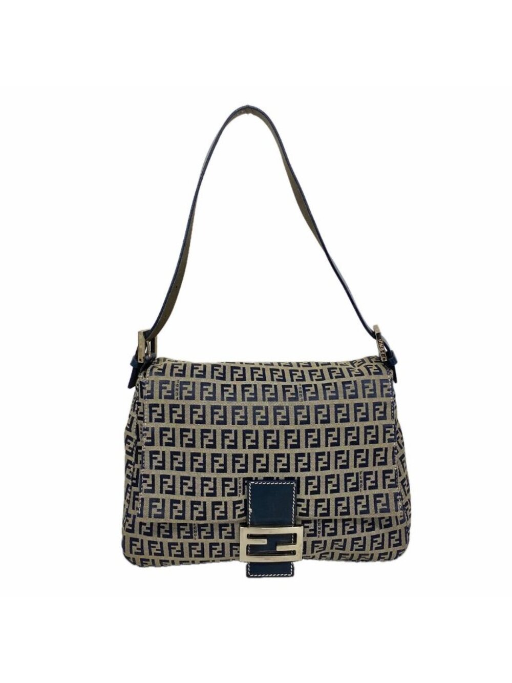 Fendi Handbag Zucchino Mamma Bucket Nylon Canvas Navy Silver